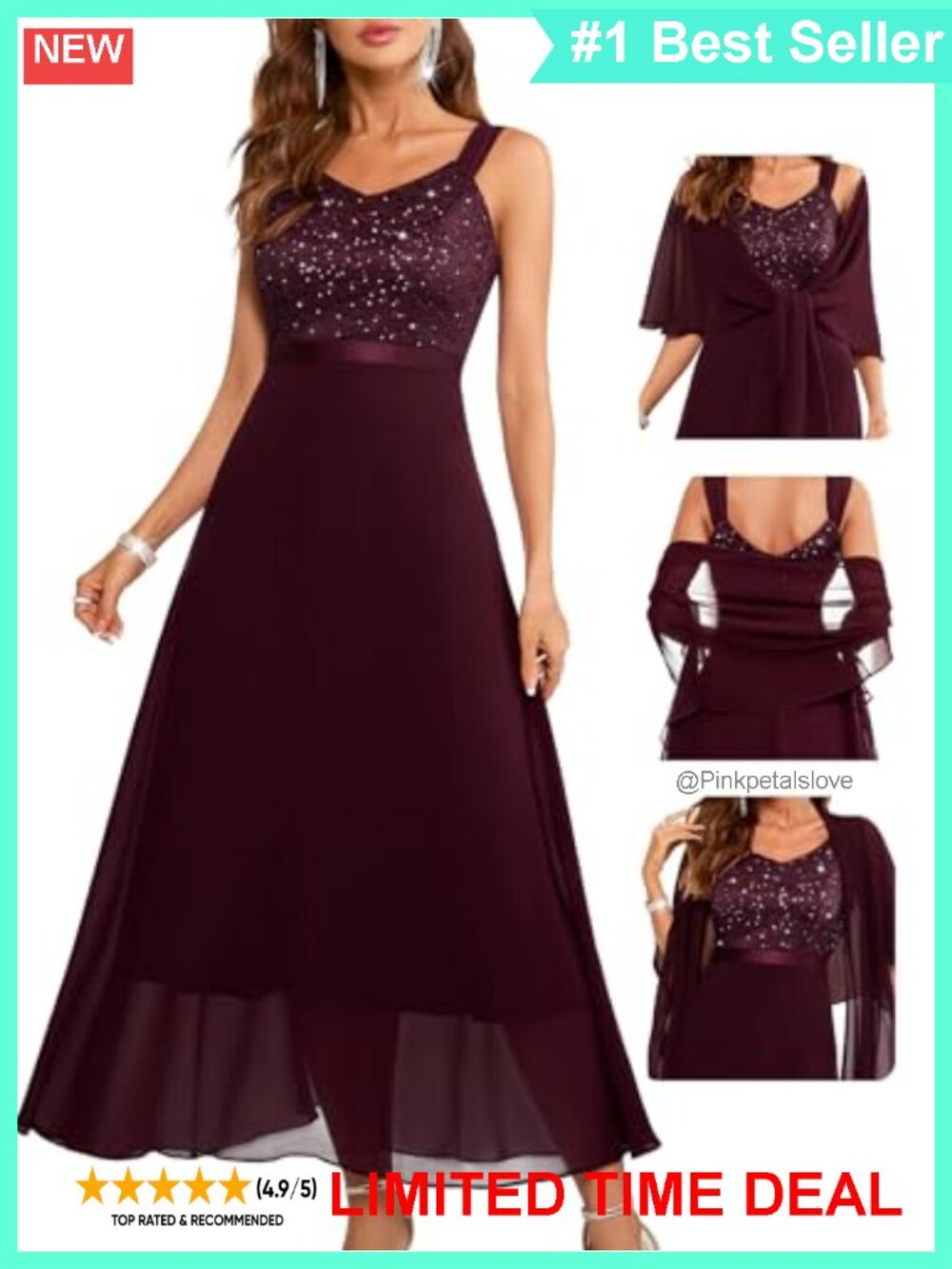 Sequin Formal Cocktail Evening Long Wedding Guest Dress with Chiffon Shawl